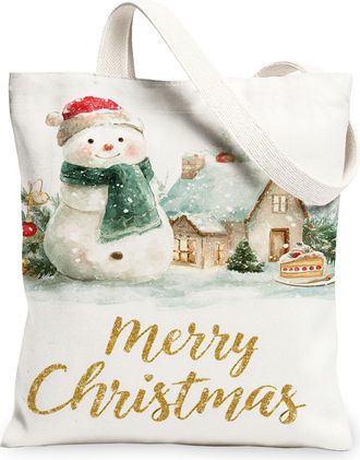 Generic Christmas Snow Man Canvas Tote Bags, Holiday Winter Scene Reusable Grocery Bags, Vintage Rustic Lightweight Washable Should, White, 13x15 Inch