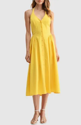 All in Favor Halter Button Front Midi Dress in Yellow at Nordstrom, Size X-Small