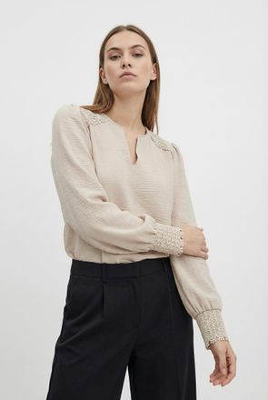 Only Langarmbluse ONLY ONLCERENA METTE L/S LACE VNECK TOP WVN, Damen, Gr. XL, gray morn, Web, Obermaterial: 100% Polyester, unifarben, regular fit normal, 