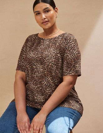 Live Unlimited London Womens Leopard Print Slash Neck Jersey T-Shirt - Brown - Size: 12