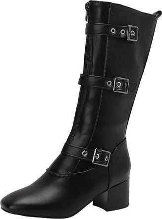 Generic Womens Vintage Knee High Boots Classic Round Toe High Block Heel Slip On With Side Metal Decoration Fashion Footwear