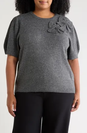 CeCe by Cynthia Steffe Bow Appliqu Short Sleeve Sweater in Medium Heather Grey at Nordstrom, Size 3X