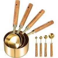 OEM Juego De 8 Cucharas Y Vasos Medidores Con Mangos De Madera, Fabricados En Acero Inoxidable Color Oro, Para Medir Ingredientes Secos Y L&iacute;quidos. - Crez