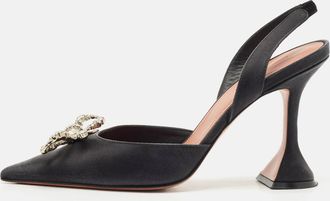 Amina Muaddi Black Satin Begum Crystal-Embellished Slingback Pumps