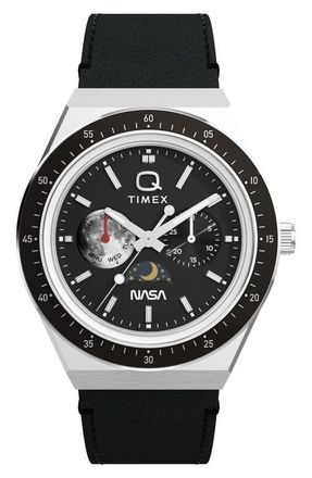 Timex Q Timex NASA 40mm Leather Strap Watch in Black/Silver-Tone at Nordstrom
