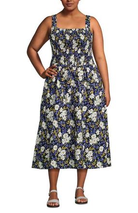 Lands End Poplin Smocked Bodice Midi Dress in Deep Sea Spring Floral at Nordstrom, Size 2X