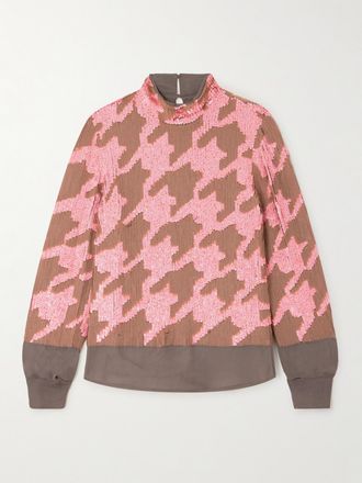 Dries Van Noten Blusa In Chiffon Pied-de-poule Con Paillettes - Marrone