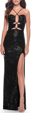 La Femme Stretch Sequin Dress with Unique Front Cut Outs in Black at Nordstrom, Size 00