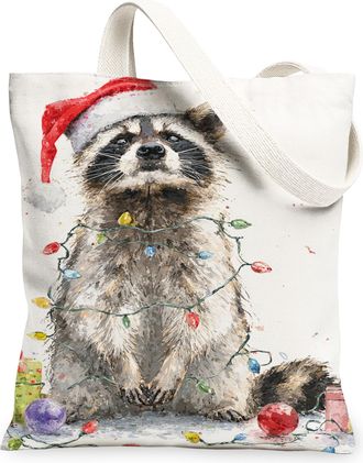 Generic Christmas Raccoon Canvas Tote Bags, Holiday Animal Pattern Reusable Grocery Bags, Vintage Lightweight Washable Shoulder Str, White, 13x15 Inch