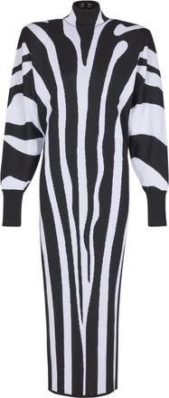 Balmain Lange Gebreide Jurk met Zebra Intarsia - Dames - Kleedjes - Zwart - M - Leer - Kleedjes