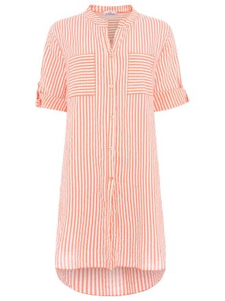 Zwillingsherz Longbluse ZWILLINGSHERZ Kida, Damen, koralle, Web, Obermaterial: 100% Baumwolle, comfort fit lang, V-Ausschnitt, Krempel&auml;rmel 1-Knopf-Manschette, Blus