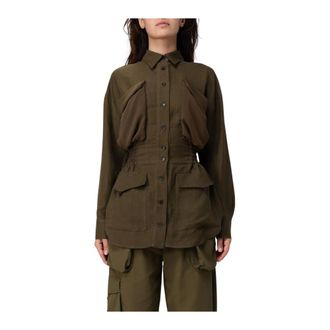 Pinko Light Jackets, female, Green, 2XS, Woven Shirt with Chest Pockets and Cinched Waist Detail
