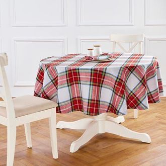 Solino Home Linen Round Tablecloth - Stewart Plaid in White at Nordstrom, Size Medium