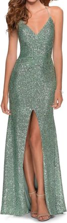 La Femme V-Neck Sequin Evening Dress In Mint