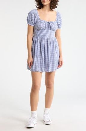 Abound Puff Sleeve Tie Front Minidress in Blue- White Gingham at Nordstrom Rack, Size X-Large