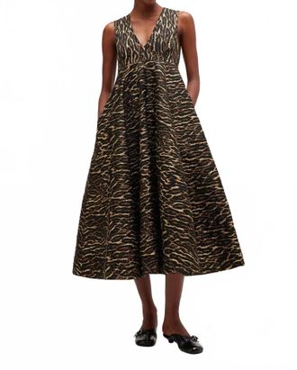 Ganni Metallic Cloque V-Neck Long Dress In Antique Bronze
