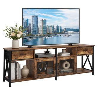 Relaxdays Mueble Tv Relaxdays 60 X 180 X 40 Cm, 2 Cajones, 4 Compartimentos, Estilo Industrial, Marr&oacute;n/negro