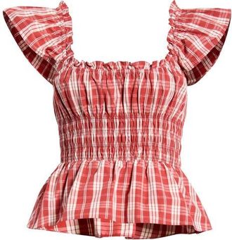 Faithfull The Brand Janne Plaid Cotton Smocked Peplum Top in Ines Check Terra Rosso at Nordstrom, Size Xx-Large