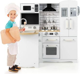 Costway Costway - Cocina De Juguete De Madera, Juego De Cocina De Esquina Para Ni&ntilde;os Con Fregadero, Estufa, Campana Extractora, Refrigerador, Utensilios, Lava