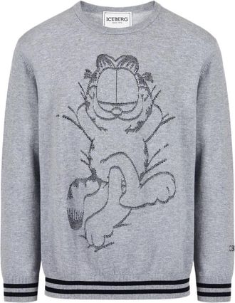 Iceberg Pullover met Garfield-design - Heren - Ronde hals truien - Grijs - M - Katoen - Truien & Vesten