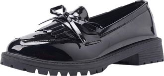 Generic Loafers for Women Chunky Heel Tassel Bow Leather Loafer Fashionable Shallow Mouth Thick Soled Womens Shoes Business Casual Work Shoe (4.5) Black