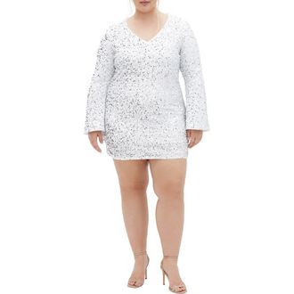 City Chic Paislee Sequin Long Sleeve Dress in Silver at Nordstrom, Size Xxl