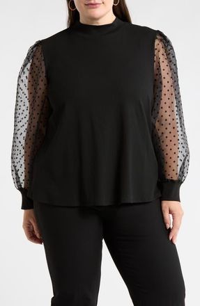 Sugarlips Swiss Dot Chiffon & Rib Top in Black at Nordstrom, Size 1X