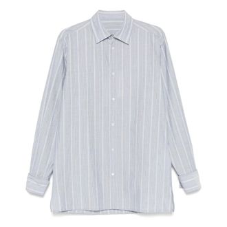 Maison Margiela Overhemden, Heren, Blauw, M, Katoen, Blauwe Button-Up Shirt met Gebogen Zoom