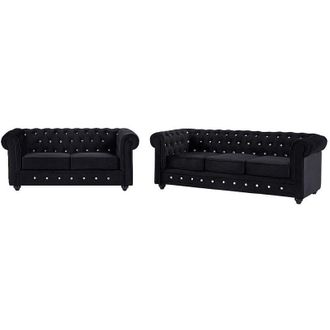 Vente-Unique Divano 3 posti e 2 posti in Velluto Nero e bottoni effetto cristallo - CHESTERFIELD