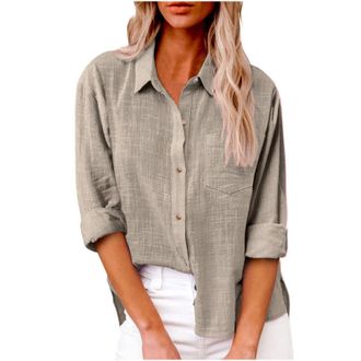 Generic Shffuw Blouses for Women UK Ladies Long Sleeve Linen Tops Summer Office Casual Button Down Shirts Roll Up Collared Loose Oversized Tees Dressy Solid E