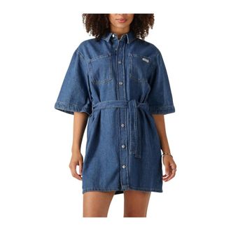 Calvin Klein Dames, Jurken, Blauw, Maat: S Linnen