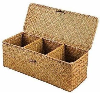 OEM Cesto De Almacenamiento - Junco Marino Natural - Con Tapa Y 3 Compartimentos - 33 X 12 X 10 Cm - 1 Unidad