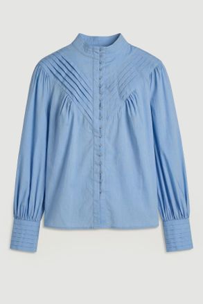 Karen Millen Womens Plus Size Cotton Pleated High Neck Balloon Sleeve Woven Blouse - Blue - Size 24 UK