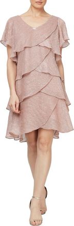 S.L. Fashions Tiered Shimmer Metallic Flutter Sleeve Dress in Faded Rose at Nordstrom, Size 10