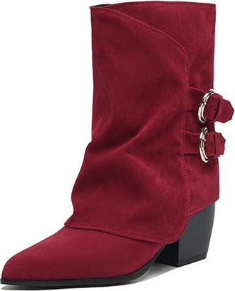 Generic Womens Pointed Toe Short Boots with Buckle Faux Suede Western Cowboy Boots Block High Heel Booties,Red,3.5 UK