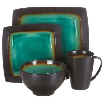 Gibson Ocean Paradise 16 Piece Square Stoneware Dinnerware Set in Jade in Black at Nordstrom
