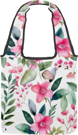 Generic Pink Flowers with Leaves Reversible Canvas Shoulder Tote - Double-Sided Print, 12oz Cotton, 27cm Drop, Fold-Flat Bag for Travel, Shopping, Street Outi