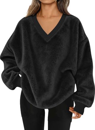 Generic Winter Fleece Tops for Women UK 2025 Fashion Long Sleeve V Neck Oversized Sweatshirt Casual Solid Color Loose Fit Warm Jumper Shirts Comfy Going Out P