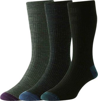 Hj Hall 3 Pairs HJ Contrast H&T Wool Softop Socks HJ970 Grey Mix 6-11