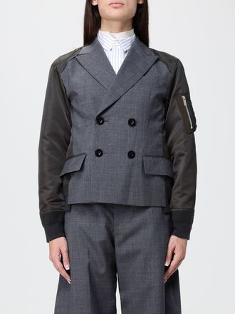 sacai Cappotto corto doppiopetto slim fit in lana con inserti in nylon