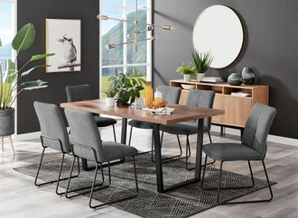Furniturebox Kylo Large Brown Wood Effect Dining Table & 6 Cream Halleyy Fabric Chairs in Dark Grey