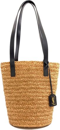 Saint Laurent Black Brown Raffia Leather Tote Bag (Pre-Owned)
