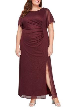 S.L. Fashions Flutter Sleeve Metallic Gown in Fig at Nordstrom, Size 18W