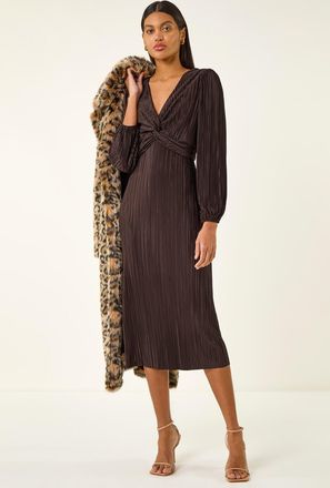 Roman Plisse Twist Front Midi Dress