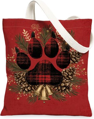 Generic Paw Print Canvas Tote Bags, Christmas Pinecones Pattern Reusable Grocery Bags, Rustic Festive Lightweight Washable Shoulder, Red, 13x15 Inch