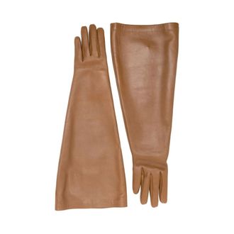 Saint Laurent Cassandre Leather Gloves - female - Saint Laurent - Gloves - Brown - 7 IN - Accessories