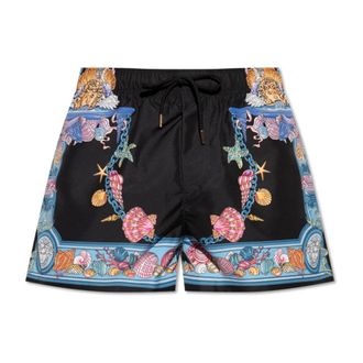 Versace Beachwear, male, Black, Size: 3XL Swim Shorts with Coral Theatre Print