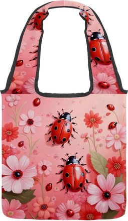 Generic Pink Ladybugs Flower Reversible Canvas Shoulder Tote - Double-Sided Print, 12oz Cotton, 27cm Drop, Fold-Flat Bag for Travel, Shopping, Street Outings