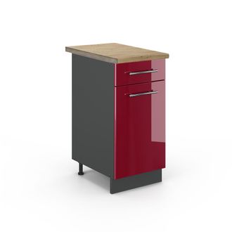 Vicco Mueble Bajo De Cocina Fame-line, Rojo Burdeos Alto Brillo, 40 Cm, Et Roble