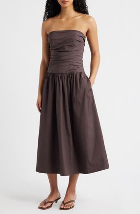 Madewell Strapless Ruched Poplin Midi Dress in Chocolate Plum at Nordstrom, Size 00
